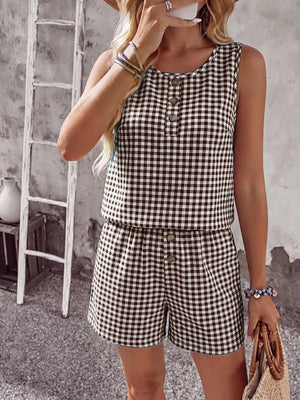 Brown gingham two-piece set with button-down top and shorts.