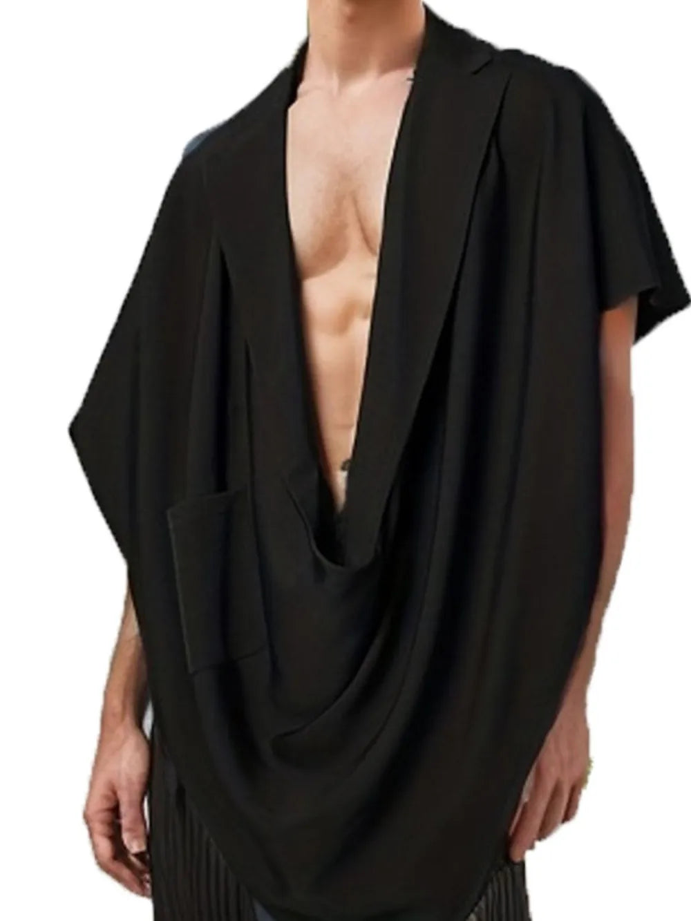 Black draped blazer cape with asymmetrical sculptural drape and pocket detail