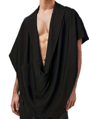 Black draped blazer cape with asymmetrical sculptural drape and pocket detail
