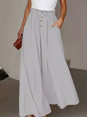 Light gray wide-leg pants with paperbag waist and button detail.