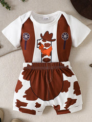 Baby bodysuit and shorts set with cowboy theme, cow print shorts and number 1 graphic.