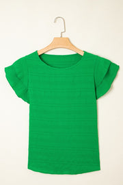 Green textured crew neck top with ruffle sleeves