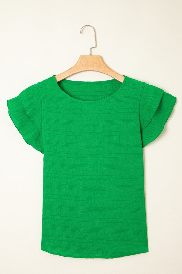 Green textured crew neck top with ruffle sleeves