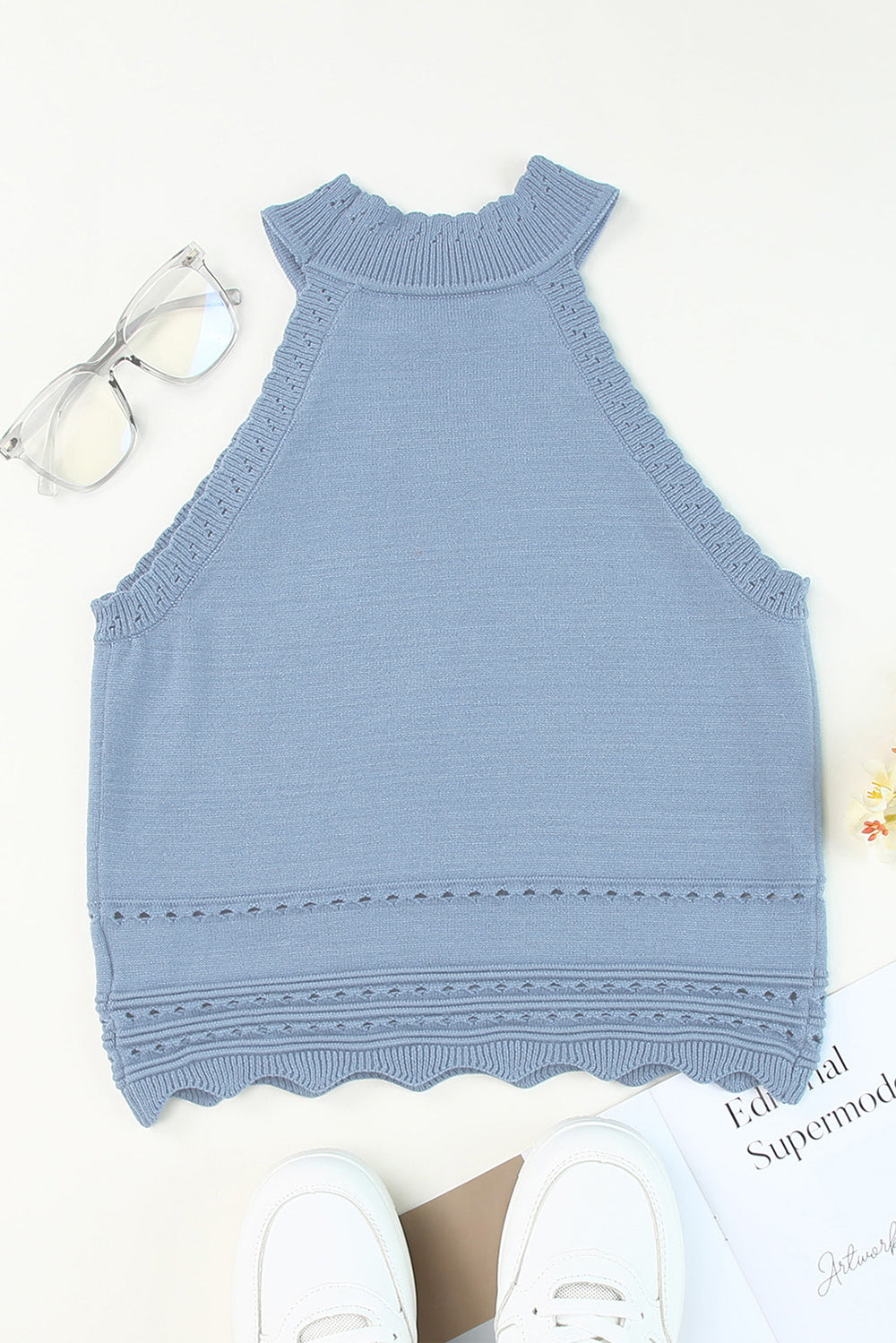 Light blue knit halter tank top with scalloped hem and eyelet details