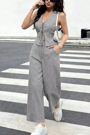 Gray lace-up tie front crop top and wide leg pants set.