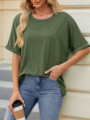 Relaxed fit army green t-shirt with rolled sleeves and crew neck.