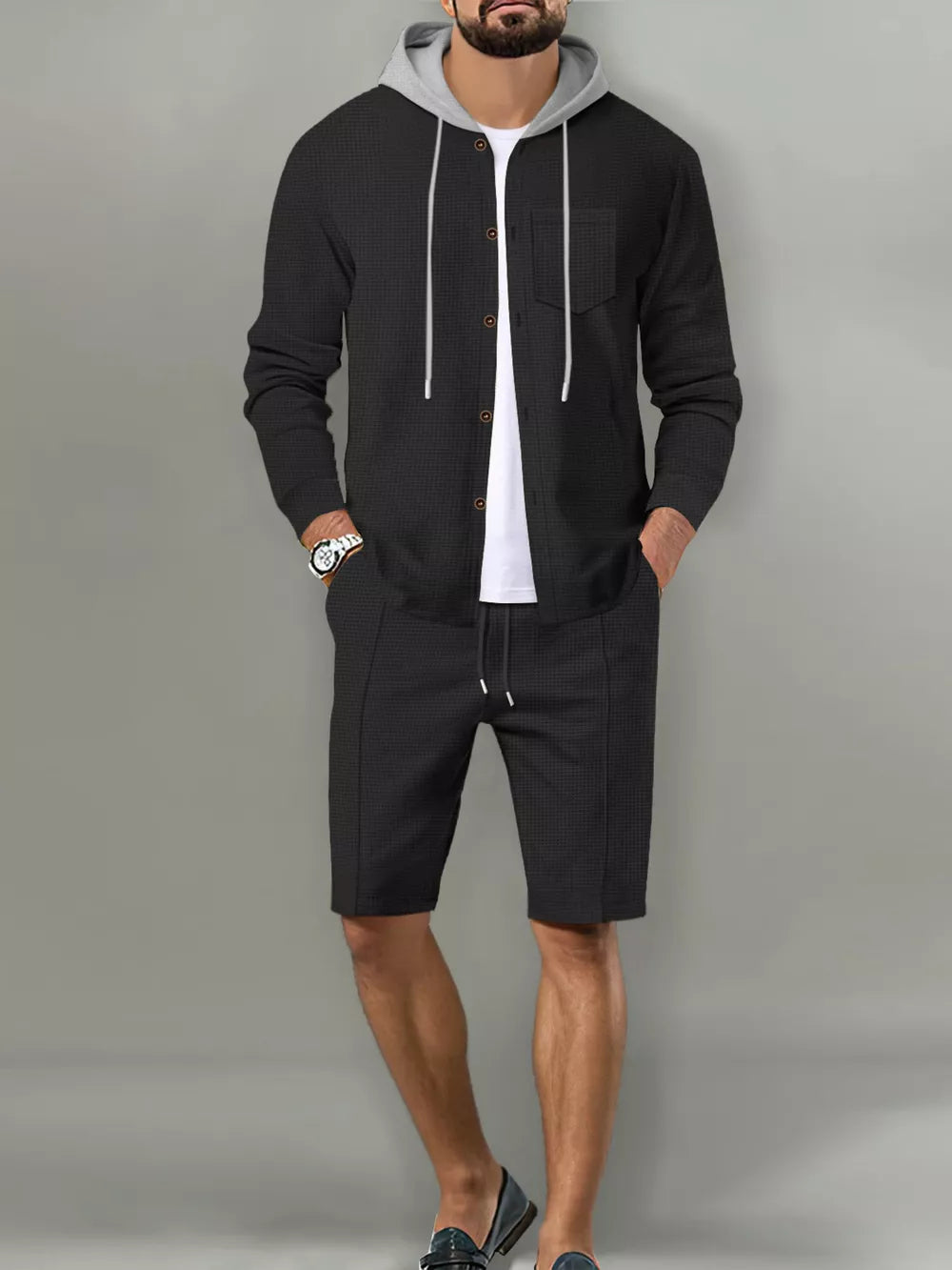 Men's Casual Hooded Button-up Shirt And Shorts Set, alternate angle
