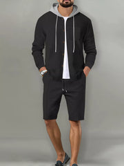 Men's Casual Hooded Button-up Shirt And Shorts Set, alternate angle