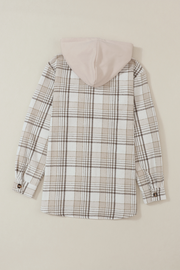 Oversized plaid shacket with attached beige hoodie and button cuffs.