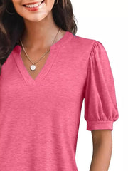Puff sleeve notched V-neck t-shirt in Rose Pink with a textured knit fabric.