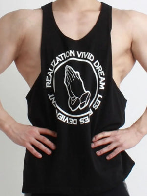 Black tank top with white praying hands graphic and text