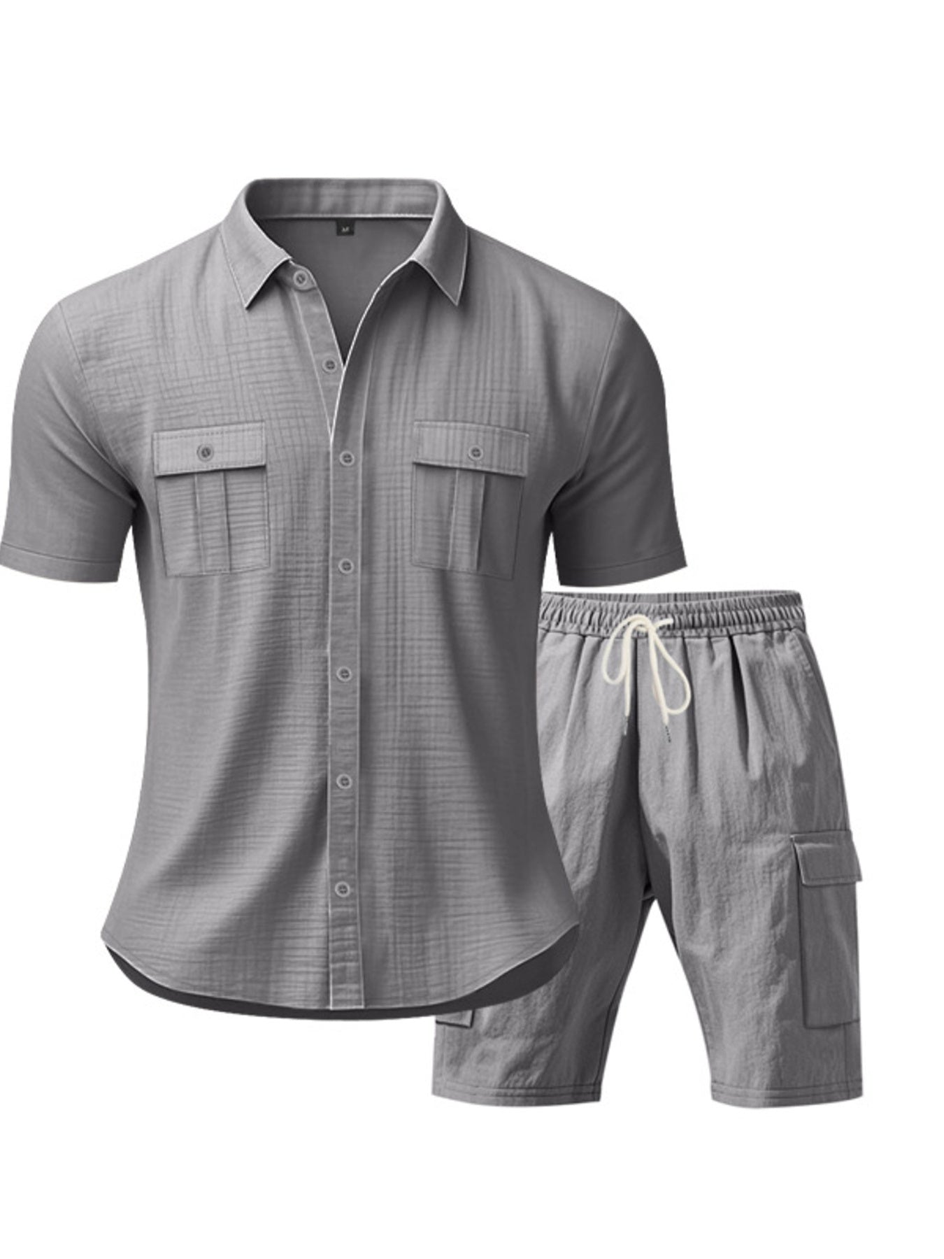 Grey relaxed-fit button-up shirt with two chest pockets and drawstring shorts.