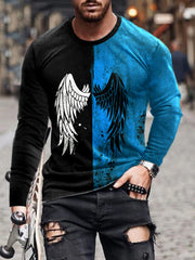 Men's Full Size Split-color Wing Graphic Long-sleeve T-shirt in Burgundy, close-up detail