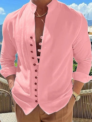 Dusty Pink linen shirt with mandarin collar and button placket.