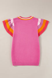 Pink knit top with flutter sleeves and colorblock trim at neckline and sleeves.