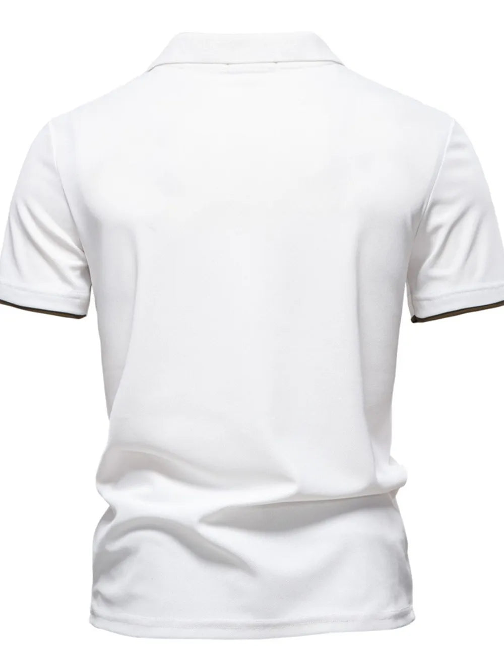White polo shirt with dark trim on sleeves.