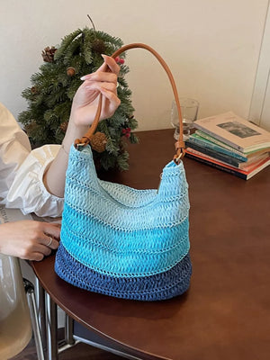 Straw Woven Shoulder Bag in Blue, fabric detail