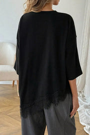 Lace Asymmetrical Hem Round Neck T-shirt in Black, back view