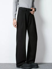 Men's black wide-leg pleated dress pants with a relaxed fit.