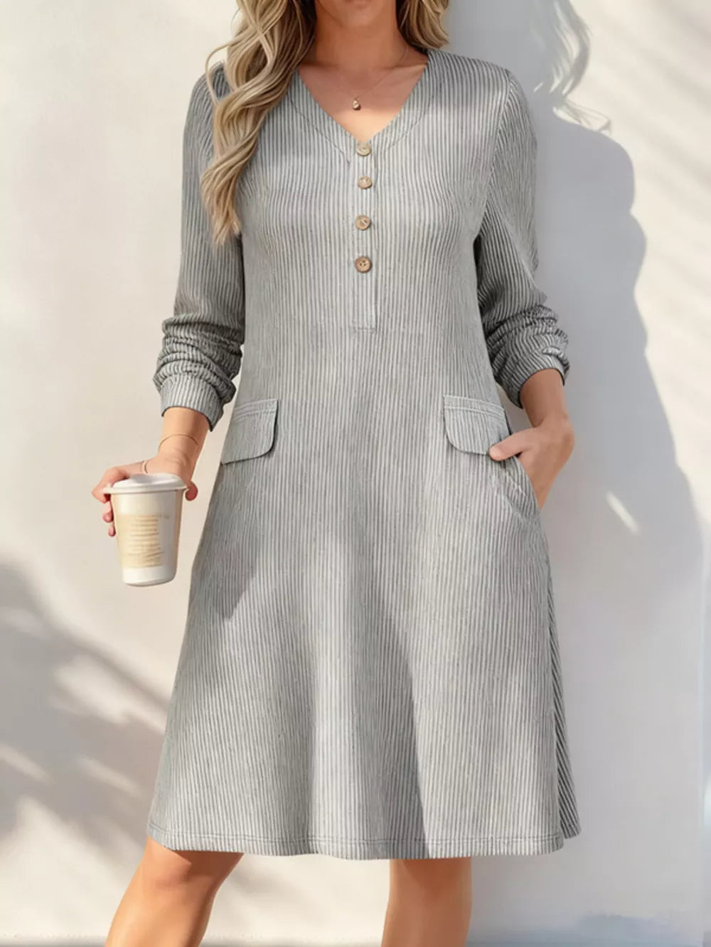 Full Size Ribbed Knit V-neck Dress Plus Size in White, back view