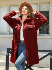 Burgundy quilted teddy bear coat with patch pockets and buttons