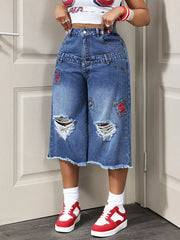 Distressed Wide-leg Denim Capris, front view