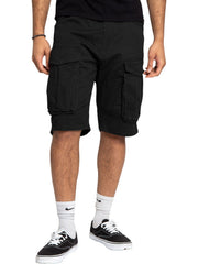 Black cargo shorts with multiple pockets and a comfortable fit.