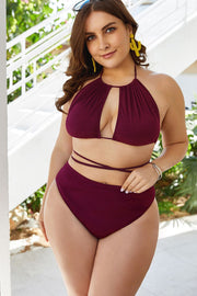 Keyhole halter bikini set in deep red with high-waist bottoms and tie detail.