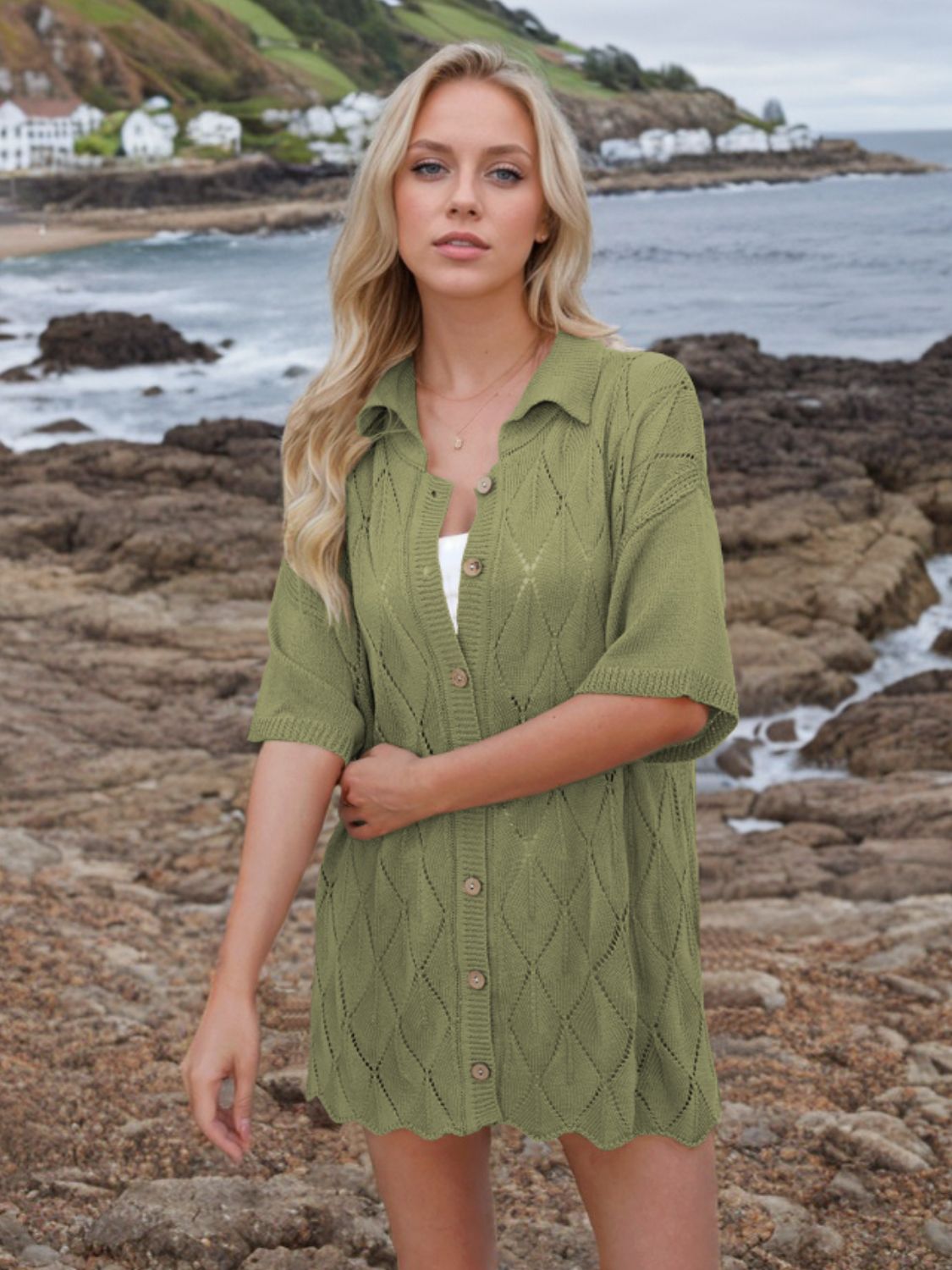 Yellow-Green diamond knit collared cardigan shirt with short sleeves and button front.