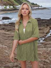 Yellow-Green diamond knit collared cardigan shirt with short sleeves and button front.