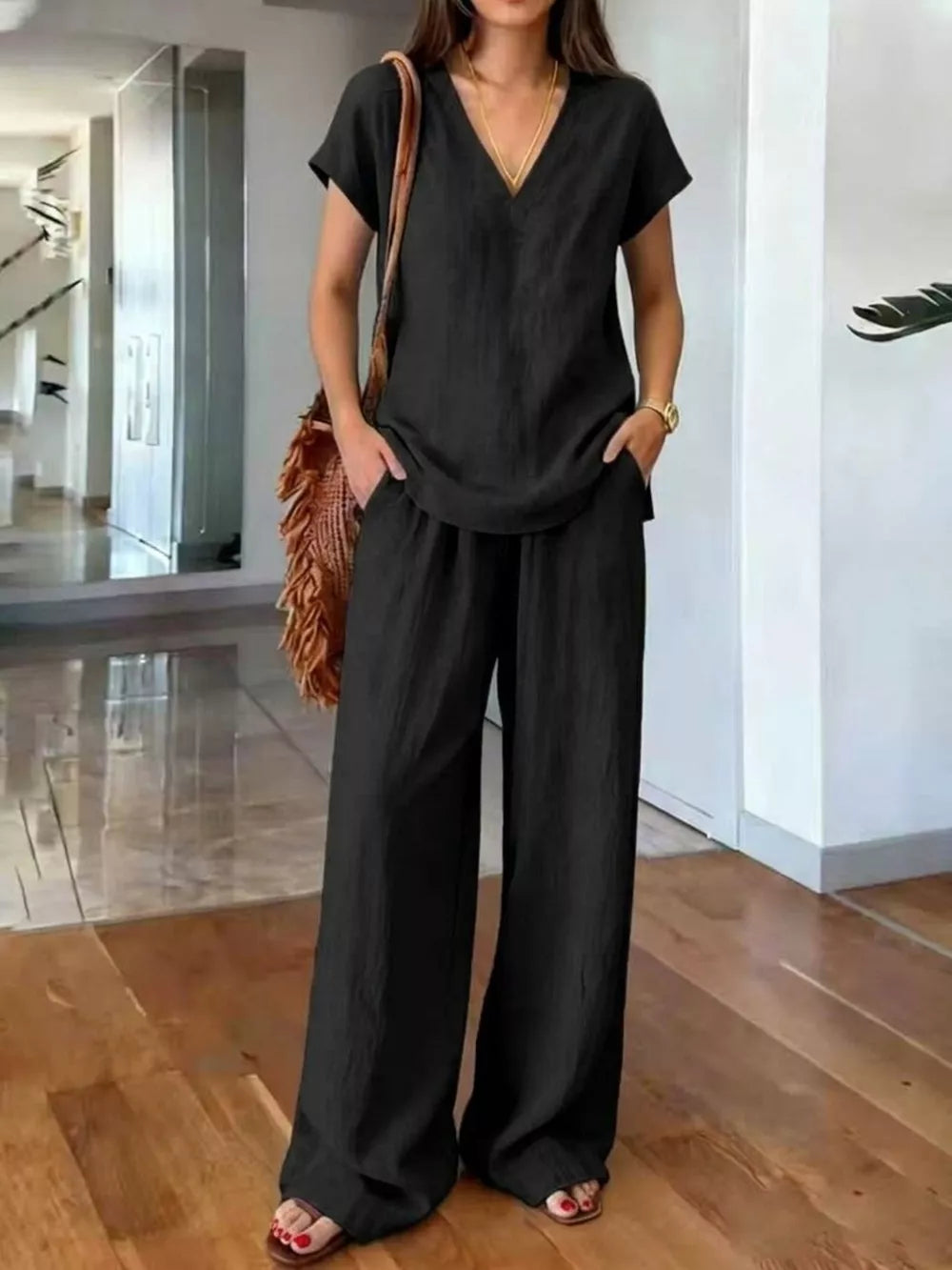 Full Size V-neck Short Sleeve Top And Pants Set in Light Brown, alternate angle