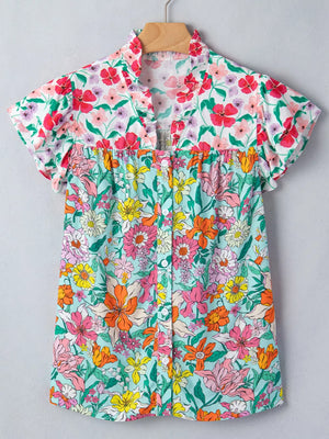 Maternity floral print overshirt with flutter sleeves and ruffled collar.