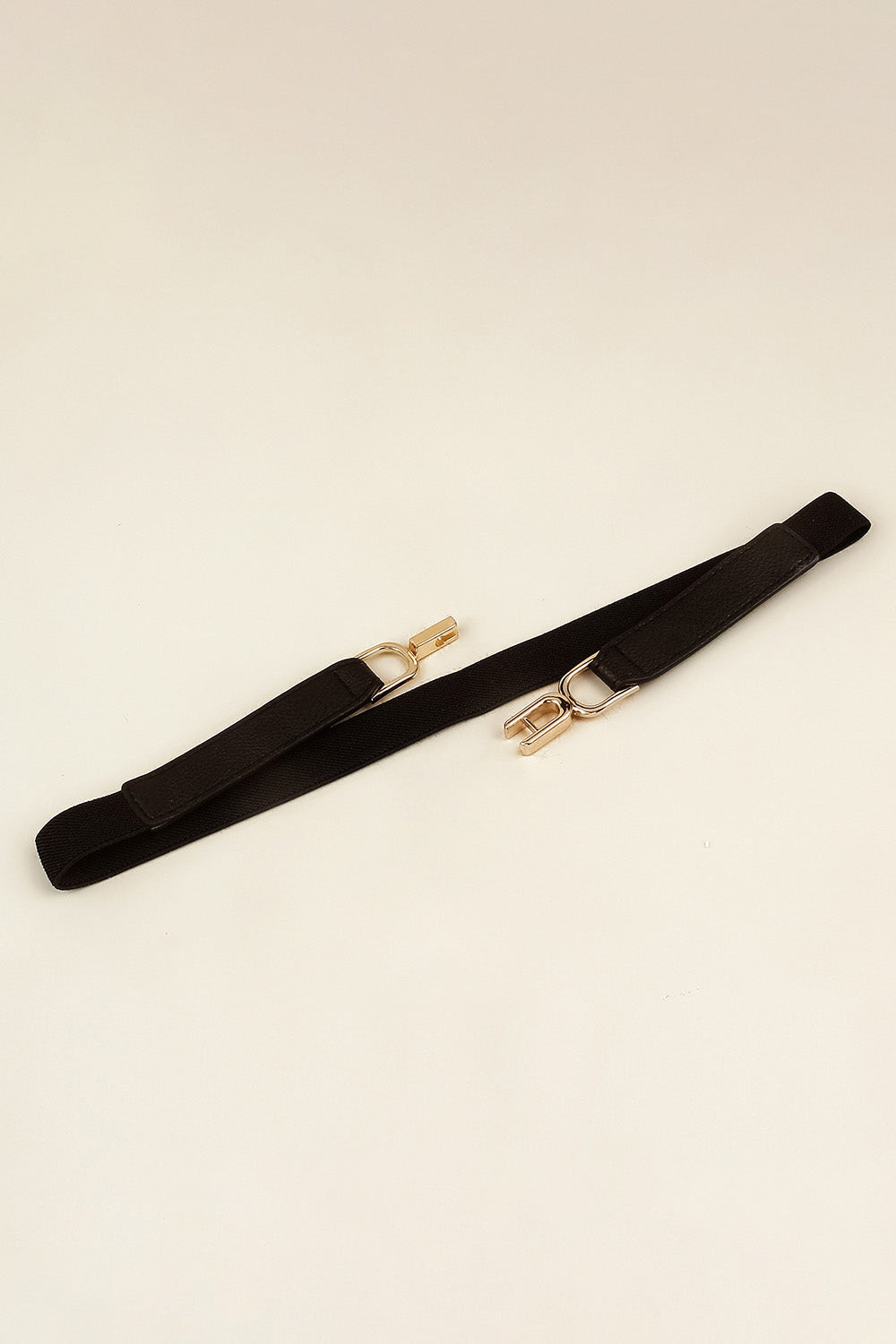Black elasticated belt with gold hook-clasp closure detail