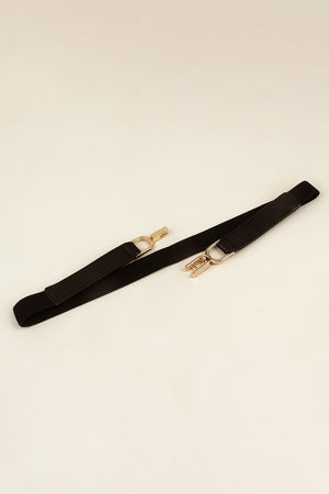 Black elasticated belt with gold hook-clasp closure detail