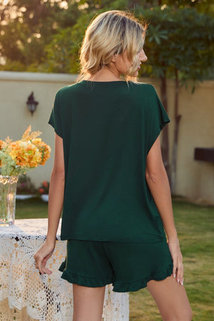 Dark green ruffle hem lounge set with short sleeves and shorts.