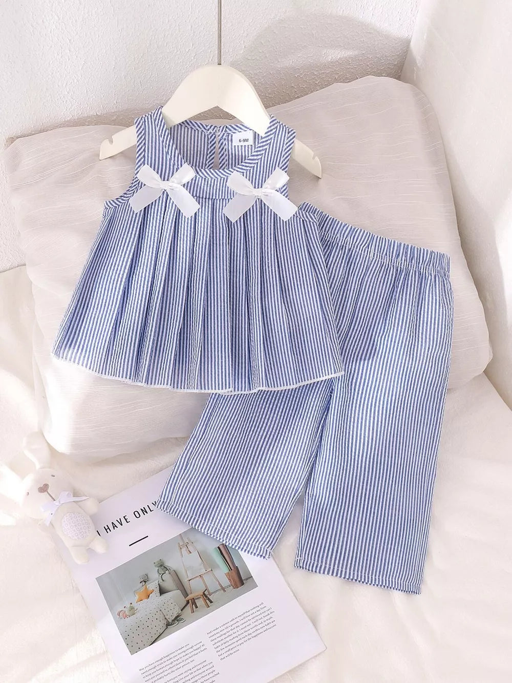 Children's Striped Sleeveless Top And Pants Set in Blue, front view