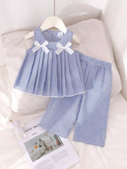 Children's Striped Sleeveless Top And Pants Set in Blue, front view