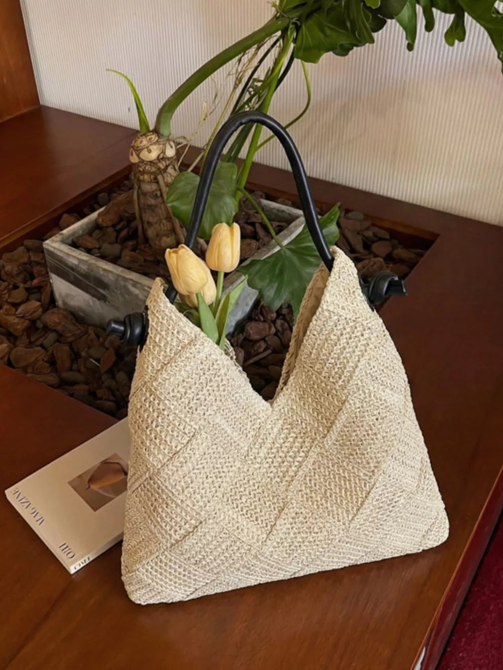 Woven Straw Shoulder Bag in Cream White, side view