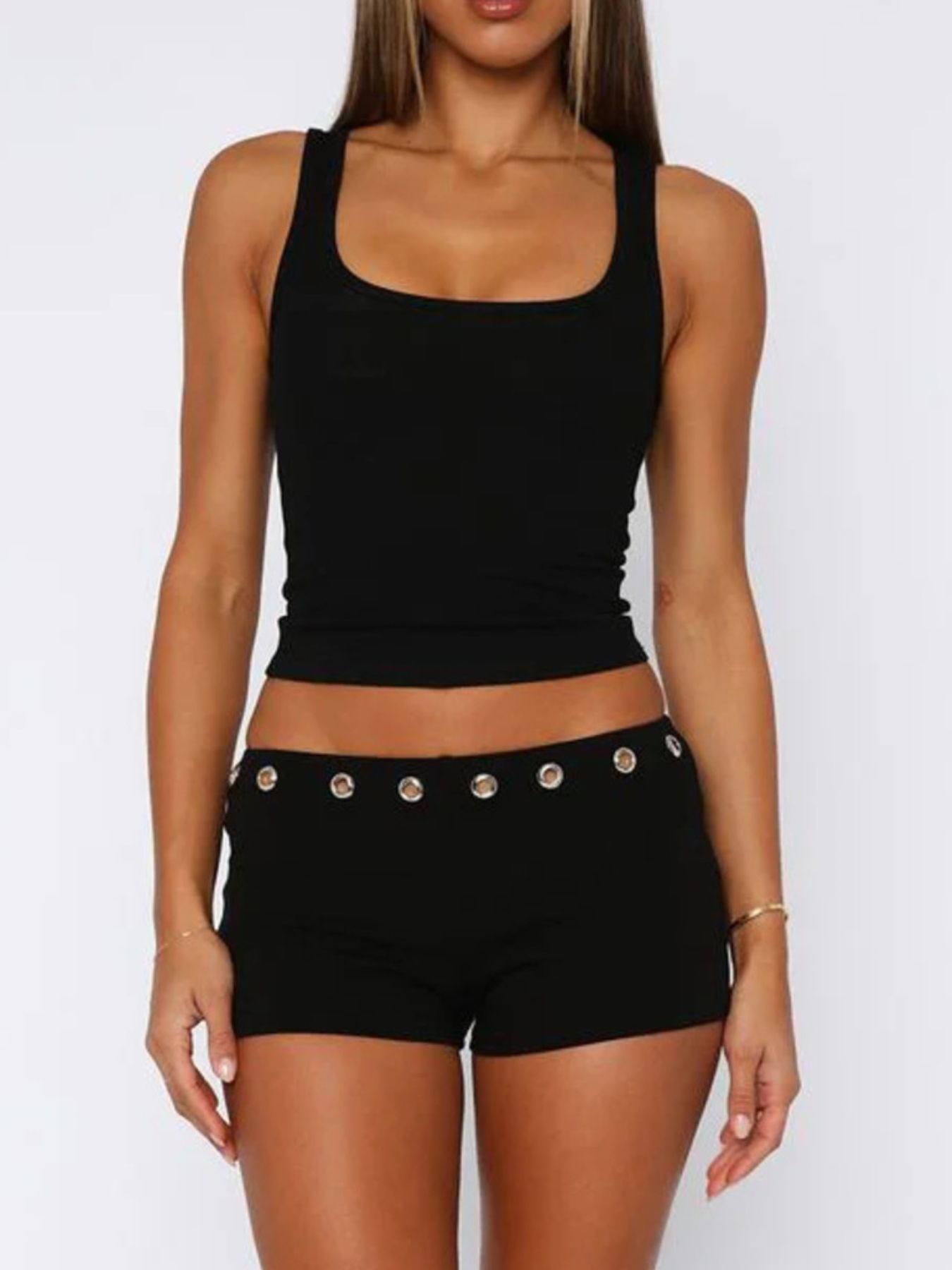 Black ribbed wide strap tank top and shorts set with eyelet detail