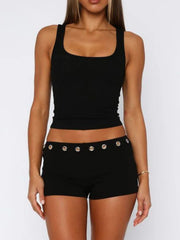 Black ribbed wide strap tank top and shorts set with eyelet detail