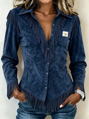 Full Size Fringed Collared Neck Shirt Plus Size in Pink, fit detail
