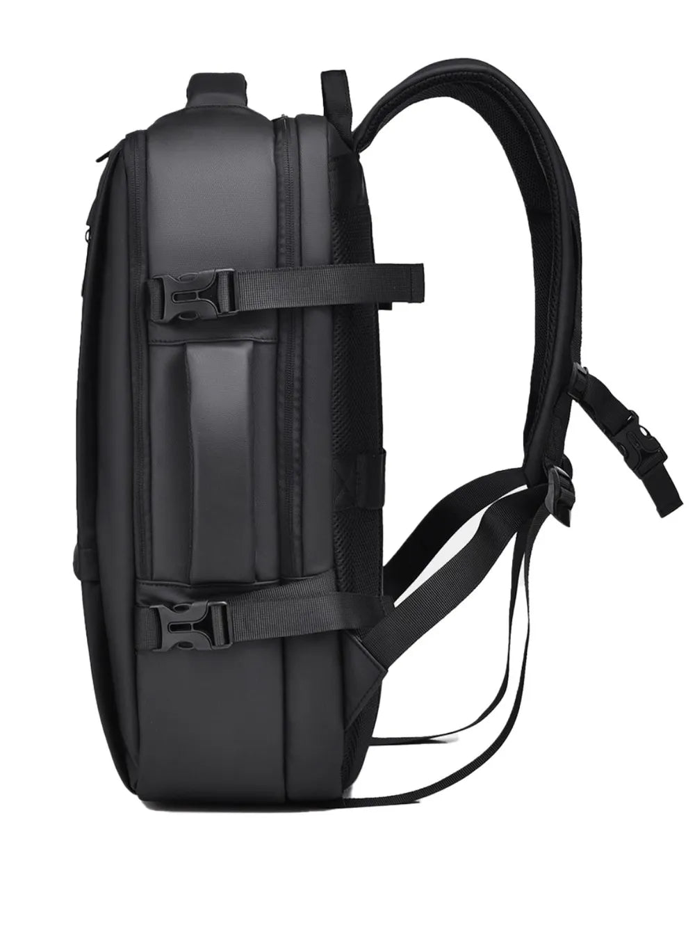 Black convertible commuter backpack with padded straps and compression buckles.