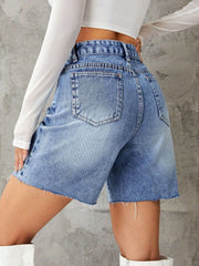 Light blue denim bermuda shorts with frayed hem and high waist.