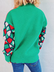 Green crewneck sweater with argyle and Christmas tree sleeves