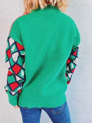 Green crewneck sweater with argyle and Christmas tree sleeves