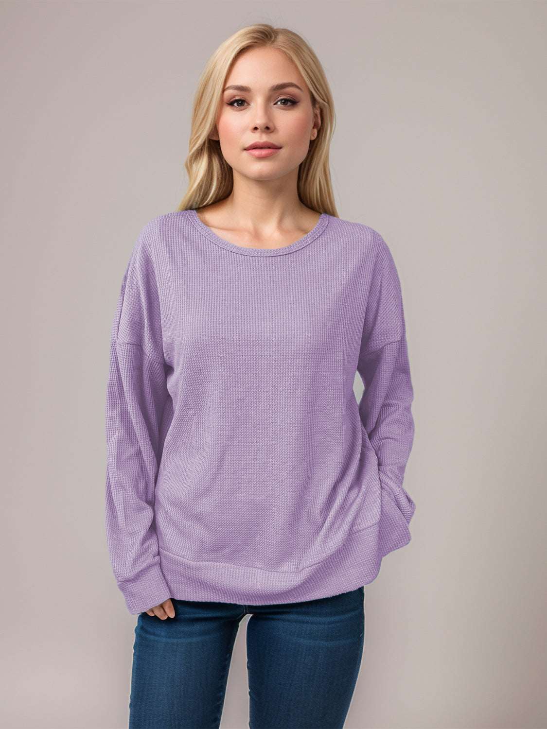 Lavender waffle knit relaxed fit crewneck top with long sleeves