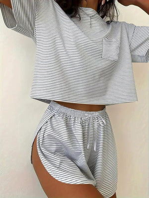 Gray striped pajama set with cropped top and drawstring shorts
