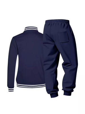 Navy blue men's tracksuit set with white stripes on collar and cuffs.