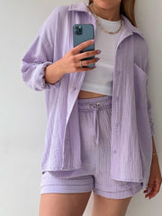 Lavender textured gauze shirt and shorts set with drawstring shorts and button-up shirt.
