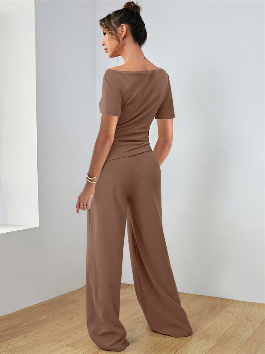 Camel boat neck jersey co-ord set with wide leg pants